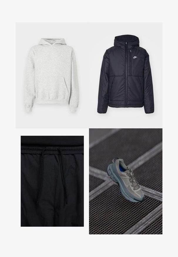 Musta, pehmustettu Nike-takki, jossa on etuvetoketju ja huppu. Vasemmassa rinnassa on valkoinen logo ja takissa on kaksinkertaiset etutaskut. Pintakoe on sileä.; Harmaa huppari, joka on valmistettu puuvillasekoitekankaan, jossa on kengurutasku, resorit hihansuissa ja helmassa sekä valkoinen logo vasemmassa rinnassa.; Mustat shortsit, joissa on naru vyötäröllä, kevyestä kankaasta valmistettu, sileä tekstuuri ja yksinkertainen muotoilu ilman näkyviä logoja tai kuvioita.; Kengät urheilukäyttöön, joissa on beige ja harmaa väri, tekstuurillinen verkkopinta, pyöristetty kärki ja kumipohja. Kengissä on nauhat ja pehmustettu nilkkaosa.