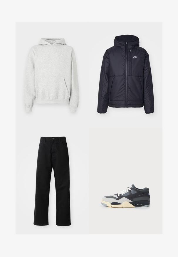 Czarna, pikowana kurtka Nike z przednim zamkiem błyskawicznym i kapturem. Posiada białe logo po lewej stronie klatki piersiowej oraz podwójne kieszenie z przodu. Gładka struktura zewnętrzna.; Szara bluza z kapturem wykonana z mieszanki bawełny, wyposażona w kangurzą kieszeń, ściągacze na rękawach i w dolnej części oraz białe logo na lewej piersi.; Czarne dżinsy o prostym kroju, z przednimi kieszeniami, zamkiem błyskawicznym i pojedynczym guzikem z przodu. Teksturowana tkanina o matowym wykończeniu.; Sneaker z górną częścią wykonaną z mieszanych materiałów w odcieniach szaro-niebieskich, z amortyzowaną podeszwą, białymi sznurówkami oraz niebieskim akcentem logo na pięcie.