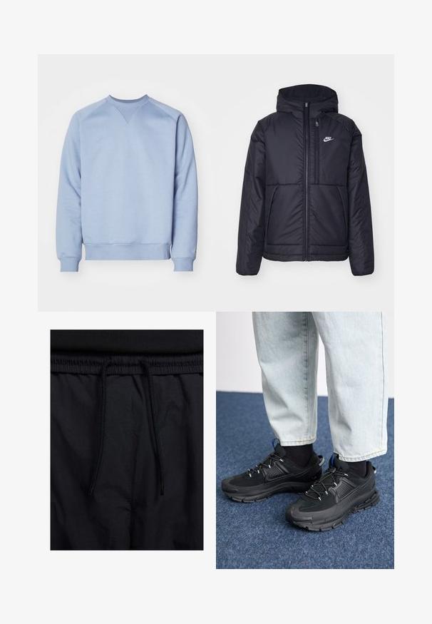 Chaqueta acolchada negra de Nike con cremallera frontal y capucha. Presenta un logo blanco en el lado izquierdo del pecho y dos bolsillos frontales. Textura exterior suave.; Sudadera azul claro hecha de una mezcla de algodón. Presenta un cuello redondo, puños y dobladillo de canalé, con un detalle de costura triangular en el cuello.; Pantalones cortos negros con cinturilla ajustable, tejido ligero con una textura suave y un diseño sencillo sin logotipos visibles ni patrones.; Zapatillas deportivas negras con tejido texturizado y suelas de goma, con cordones elásticos y un acento azul en el talón. Combinadas con pantalones de mezclilla claros.