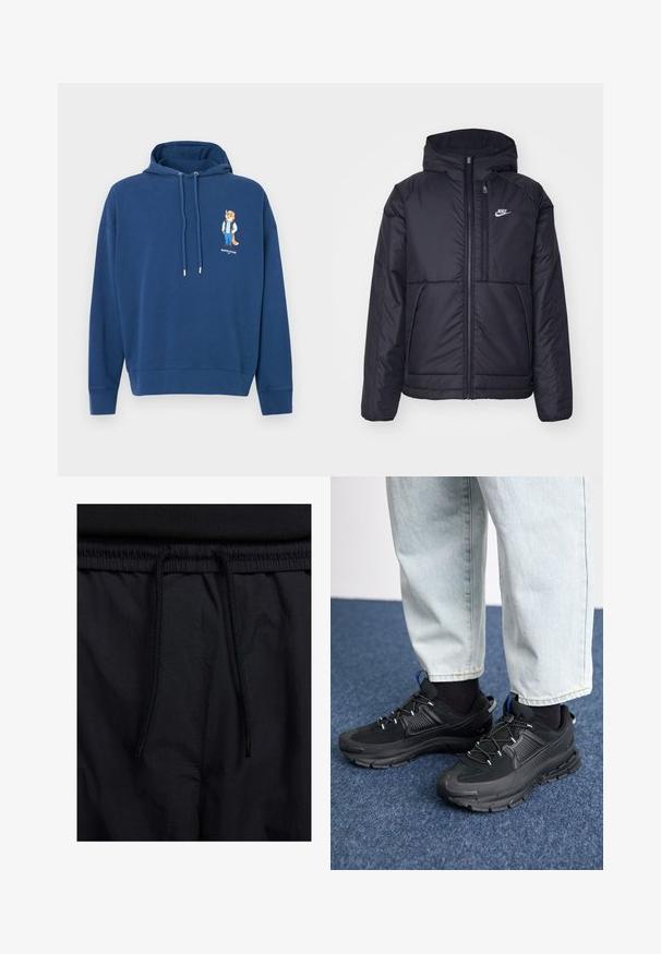 Chaqueta acolchada negra de Nike con cremallera frontal y capucha. Presenta un logo blanco en el lado izquierdo del pecho y dos bolsillos frontales. Textura exterior suave.; Sudadera azul marino de tela suave con un gráfico frontal de un zorro con ropa informal. Incluye capucha con cordones y puños acanalados.; Pantalones cortos negros con cinturilla ajustable, tejido ligero con una textura suave y un diseño sencillo sin logotipos visibles ni patrones.; Zapatillas deportivas negras con tejido texturizado y suelas de goma, con cordones elásticos y un acento azul en el talón. Combinadas con pantalones de mezclilla claros.