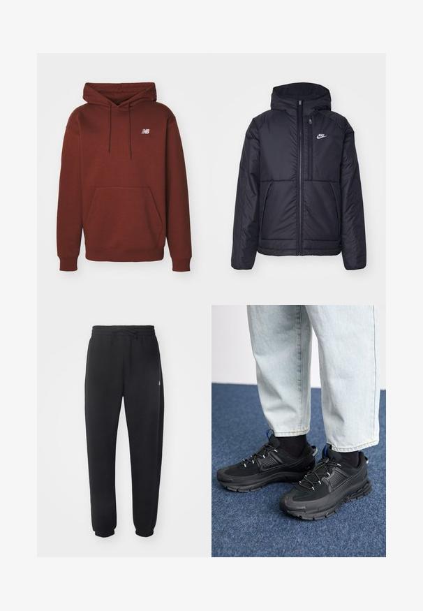 Casaco Nike preto, acolchoado, com fecho à frente e capuz. Apresenta um logo branco no lado esquerdo do peito e dois bolsos frontais. Textura exterior lisa.; New Balance SPORT ESSENTIALS HOODIE UNISEX - Camisola - rich oak; Calças de treino pretas feitas de material suave, com cintura elástica, cordão e punhos ajustados, apresentando um logótipo discreto na lateral.; Sapatilhas desportivas pretas com tecido texturizado e solas em borracha, apresentando atacadores elásticos e um detalhe azul no calcanhar. Usadas com calças de ganga claras.