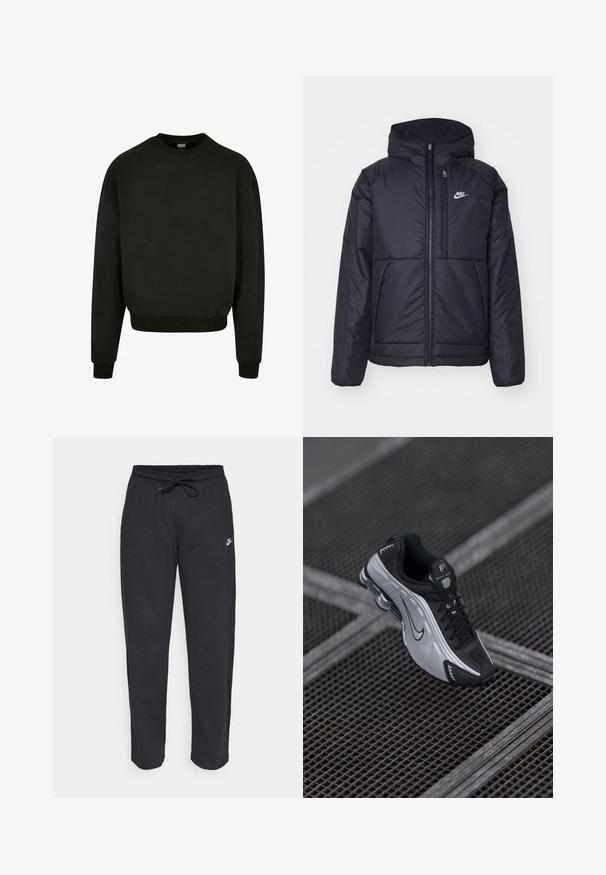 Juodas, paminkštintas Nike džemperis su priekyje užtrauktuku ir gobtuvu. Pasižymi balta logo kairėje krūtinės pusėje ir dviem priekinėmis kišenėmis. Su lygiu išoriniu paviršiumi.; Juodas apvalios kaklo megztinis, pagamintas iš medvilnės ir sintetikos mišinio, su ilgomis rankovėmis ir raukšlėtais rankogaliais bei apačia. Paprastas, vienspalvis dizainas.; Juodos sportinės kelnės, pagamintos iš minkštos medžiagos, su elastinga juostele, raišteliu ir mažuoju Nike logotipu kairiajame šlaunyje.; Nike sportiniai batai, pasižymintys juoda ir sidabrine spalvų kombinacija. Pagaminti iš sintetinės medžiagos su tinklinėmis detalėmis ir palaikančia padu, kuriame matoma oro pagalvėlė.