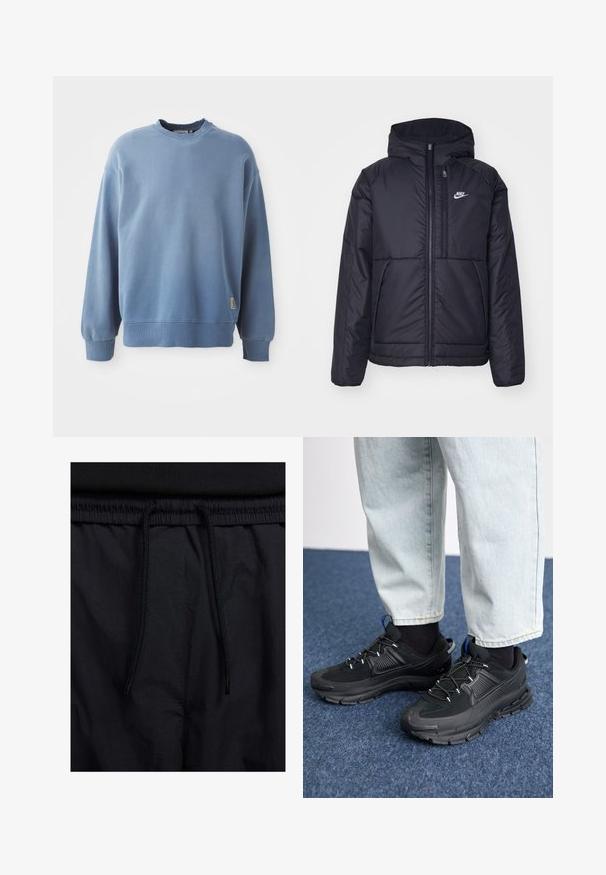 Svart, polstret Nike-jakke med frontglidelås og hette. Har en hvit logo på venstre bryst og doble frontlommer. Glatt ytterside.; Lyseblå hettegenser laget av mykt stoff, med rund hals, lange ermer, ribbestrikkede mansjetter og kant, samt et lite logomerke nær bunnen.; Sorte shorts med snor i livet, lett stoff med en jevn tekstur, og et enkelt design uten synlige logoer eller mønstre.; Svarte sportssko med teksturert stoff og gummisåler, med elastiske lisser og en blå detalj på hælen. Brukt med lyse denimbukser.