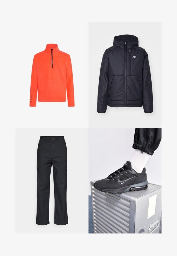 Czarna, pikowana kurtka Nike z przednim zamkiem błyskawicznym i kapturem. Posiada białe logo po lewej stronie klatki piersiowej oraz podwójne kieszenie z przodu. Gładka struktura zewnętrzna.; Pomarańczowy sweter z zamkiem przy szyi, długimi rękawami i oznaczeniem 'Polartec' na rękawie. Gładka tekstura i żywy kolor zapewniają widoczność.; Czarne spodnie cargo o prostym kroju, z bocznymi kieszeniami i teksturowanym materiałem. Zapięcie na guzik w pasie zapewniające pewne dopasowanie.; Nike Sportswear PULSE czarny
