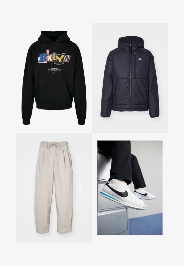 Must musta Nike jope, millel on ees lukuga avamine ja kapuuts. Vasakpoolne rind on kaunistatud valge logoga ning ees on kaks taskut. Sile välimine tekstuur.; Mustaga kapuuts, millel on eesmine tasku, värvilise graafilise tekstiga "BKLYN" ja "Levita armastust, see on Brooklyni viis" valges, 1994.; Beeži, kerged püksid elastse vöökoha ja nööriga. Omavad voldikuid ja laia istuvust, valmistatud pehmest, siledast kangast.; Valged nahast tossud musta Nike'i logoga, helesinise ja halli kummist tallaga ning klassikalise lipsuvariantiga. Jalad restingud dokumendikapil.