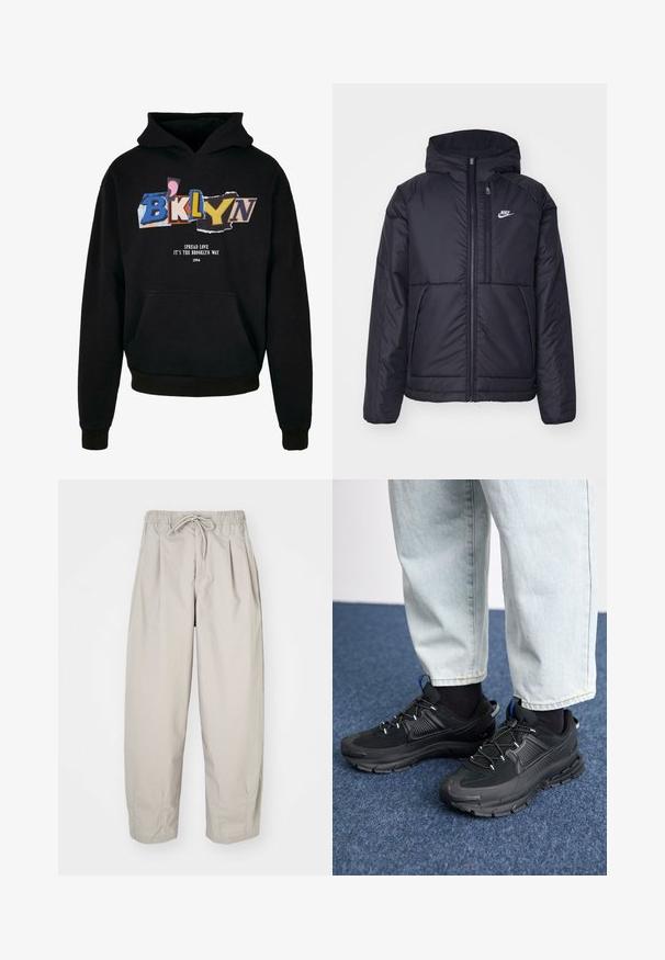 Must musta Nike jope, millel on ees lukuga avamine ja kapuuts. Vasakpoolne rind on kaunistatud valge logoga ning ees on kaks taskut. Sile välimine tekstuur.; Mustaga kapuuts, millel on eesmine tasku, värvilise graafilise tekstiga "BKLYN" ja "Levita armastust, see on Brooklyni viis" valges, 1994.; Beeži, kerged püksid elastse vöökoha ja nööriga. Omavad voldikuid ja laia istuvust, valmistatud pehmest, siledast kangast.; Mustad mustad jooksukingad, millel on tekstureeritud kangas ja kummist tallad, elastsed nöörid ning sinine aksent kandadel. Kandmine heledate teksadega.