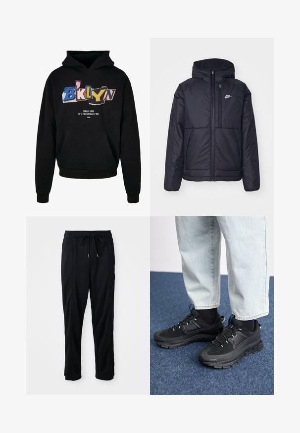 Fekete, párnázott Nike dzseki elülső cipzárral és kapucnival. A bal mellen fehér logó található, valamint két elülső zseb. Simának tűnő külső felület.; Fekete kapucnis pulóver elülső zsebbel, színes grafikával ellátott "BKLYN" felirattal és "Spread Love, It's The Brooklyn Way" (Terjessz szeretetet, ez a brooklyni mód) felirattal fehér színben, 1994.; Fekete húzózsinóros, kényelmes nadrág oldalsó varrású zsebekkel és egyenes szabással, egyszínű háttéren.; Fekete sportcipők texturált anyaggal és gumitalppal, elasztikus fűzőkkel és kék kiegészítővel a saroknál. Világos farmernadrággal viselve.