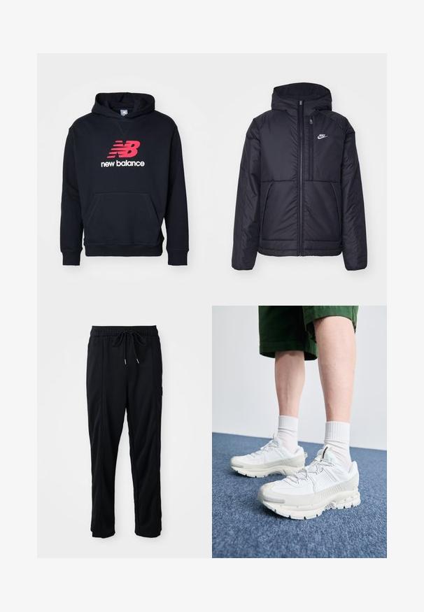 Casaco Nike preto, acolchoado, com fecho à frente e capuz. Apresenta um logo branco no lado esquerdo do peito e dois bolsos frontais. Textura exterior lisa.; Sweatshirt preto com capuz, apresentando um grande logotipo "New Balance" em vermelho e branco na parte da frente, com um bolso canguru e punhos canelados.; Calças casuais pretas com cordão na cintura, com bolsos laterais e corte reto, sobre um fundo simples.; Sapatos atléticos brancos com sobreposições texturizadas, sola espessa e detalhes em cinza. Usados com meias brancas até ao tornozelo e calções verdes sobre uma superfície azul.