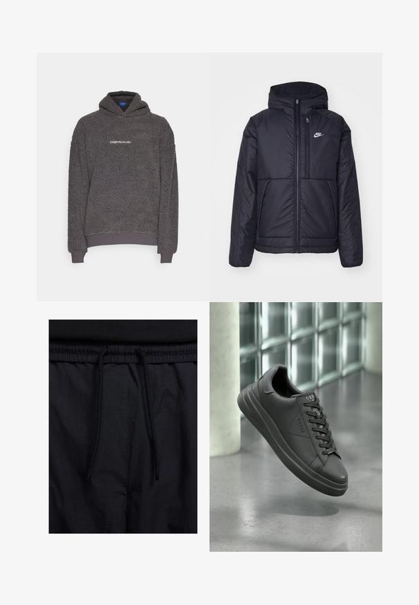 Casaco Nike preto, acolchoado, com fecho à frente e capuz. Apresenta um logo branco no lado esquerdo do peito e dois bolsos frontais. Textura exterior lisa.; Sweatshirt de capuz em fleece texturado cinza escuro com o texto "originals Studio" impresso no peito, com punhos e bainha canelados, apresentado em um fundo simples.; Calções pretos com um cós elástico ajustável, fabricados em tecido leve com uma textura suave e um design simples, sem logótipos ou padrões visíveis.; Sapatilhas de couro preto com um acabamento suave, apresentando uma biqueira arredondada, detalhes texturizados e um design com atacadores. Logo exibido na língua.