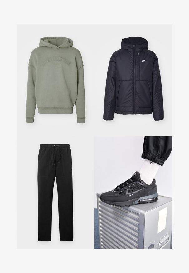 Schwarze, gepolsterte Nike-Jacke mit Frontreißverschluss und Kapuze. Hat ein weißes Logo auf der linken Brust und zwei Fronttaschen. Glattes äußeres Material.; Olivgrüner Hoodie mit lockerer Passform, ausgestattet mit einem gerippten Saum, abgeschlossenen Ärmeln und geprägtem "Alpha Industries"-Logo auf der Brust.; Schwarze Sweatpants aus Fleece, mit einem elastischen Bund mit Kordelzug, zwei Fronttaschen und einem kleinen Logo auf dem Oberschenkel.; Nike Sportswear PULSE - Sneaker low - black/anthracite
