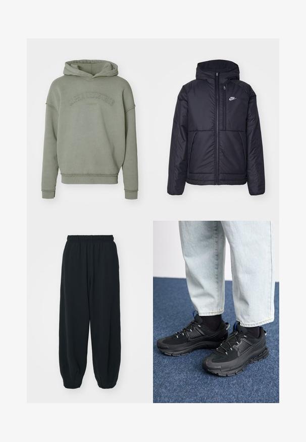 Giacca Nike nera, imbottita, con zip frontale e cappuccio. Presenta un logo bianco sul lato sinistro del petto e doppie tasche frontali. Texture esterna liscia.; Felpa verde oliva con una vestibilità rilassata, caratterizzata da un orlo a coste, maniche con polsini e logo "Alpha Industries" in rilievo sul petto.; Pantaloni da jogging neri con vita elasticizzata, dalla vestibilità morbida, caviglie a costina, texture liscia e senza motivi visibili o dettagli in metallo.; Scarpe sportive nere con tessuto testurizzato e suole in gomma, dotate di lacci elastici e un accento blu sul tallone. Indossate con pantaloni in denim chiaro.