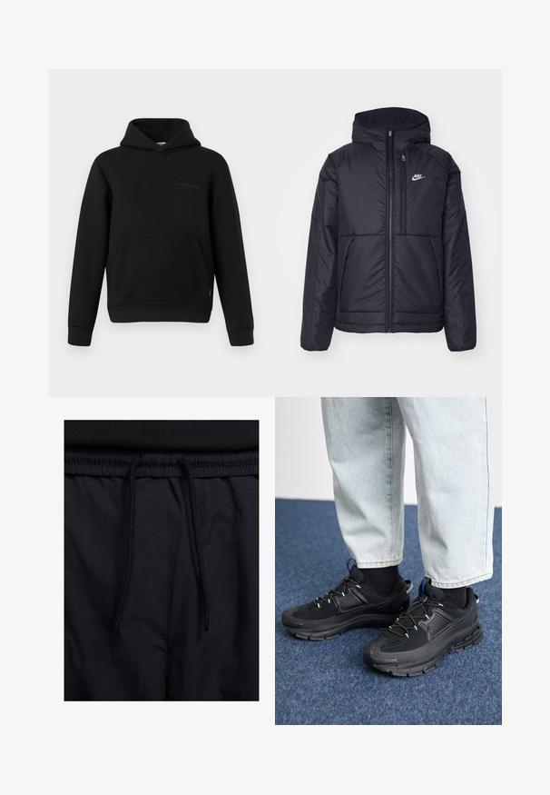 Jachetă Nike neagră, căptușită, cu fermoar pe față și glugă. Prezintă un logo alb pe pieptul stâng și două buzunare frontale. Textură exterioară netedă.; Hanorac negru cu buzunar frontal tip kengur, mâneci lungi și un detaliu cusut orizontal mic pe partea stângă a pieptului, pe un fundal alb.; Șorturi negre cu un brâu reglabil, dintr-un material ușor cu o textură netedă și un design simplu, fără logo-uri sau modele vizibile.; Pantofi sport negri, cu țesătură texturată și tălpi din cauciuc, având șireturi elastice și un accent albastru pe toc. Purtați cu pantaloni din denim deschis.