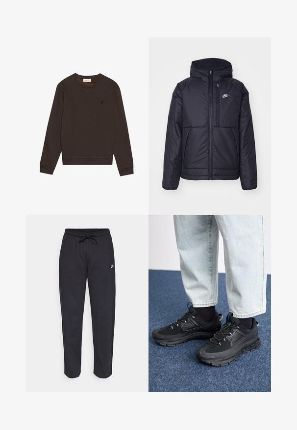 Musta, pehmustettu Nike-takki, jossa on etuvetoketju ja huppu. Vasemmassa rinnassa on valkoinen logo ja takissa on kaksinkertaiset etutaskut. Pintakoe on sileä.; Pier One Collegepaita - dark brown; Mustat verkkareita pehmeästä kankaasta, jossa on joustava vyötärö, nyöri ja pieni Nike-logo vasemmassa reidessä.; Mustat urheilukengät, joissa on teksturoitu kangas ja kumipohjat, elastiset nauhat ja sininen yksityiskohta kannassa. Yhdistetty vaaleisiin farkkuihin.