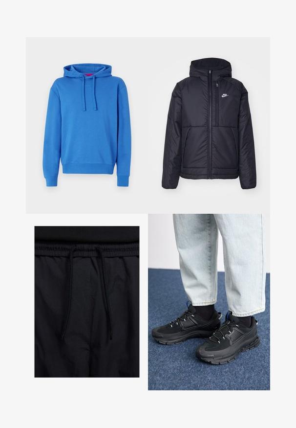 Casaco Nike preto, acolchoado, com fecho à frente e capuz. Apresenta um logo branco no lado esquerdo do peito e dois bolsos frontais. Textura exterior lisa.; Sweatshirt azul feito de uma mistura de algodão com capuz ajustável, punhos e bainha canelados. Apresenta um logotipo discreto na parte da frente. Textura suave.; Calções pretos com um cós elástico ajustável, fabricados em tecido leve com uma textura suave e um design simples, sem logótipos ou padrões visíveis.; Sapatilhas desportivas pretas com tecido texturizado e solas em borracha, apresentando atacadores elásticos e um detalhe azul no calcanhar. Usadas com calças de ganga claras.