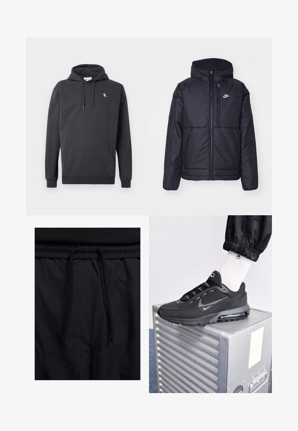 Zwarte, gewatteerde Nike-jas met een voorkant met ritssluiting en capuchon. Kenmerkt zich door een wit logo op de linkerborst en dubbele frontzakken. Gladde buitenkant.; Donkergrijze hoodie met een buidelzak en een klein wit en blauw vogel-logo op de linkerborst.; Zwarte shorts met een drawstring tailleband, lichtgewicht stof met een zachte textuur en een eenvoudig ontwerp zonder zichtbare logo's of patronen.; Nike Sportswear PULSE - Sneakers laag - black/anthracite