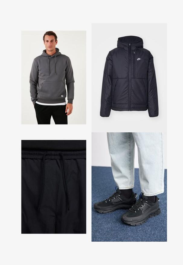 Czarna, pikowana kurtka Nike z przednim zamkiem błyskawicznym i kapturem. Posiada białe logo po lewej stronie klatki piersiowej oraz podwójne kieszenie z przodu. Gładka struktura zewnętrzna.; Szary sweatshirt z kapturem, wyposażony w kieszeń kangurzą, sznurki do regulacji, ściągacze przy mankietach i dolnym brzegu. Teksturowana tkanina z małą łatą z logo z przodu.; Czarne szorty z elastycznym paskiem na sznurku, lekkiego materiału o gładkiej fakturze oraz prostym wzornictwie bez widocznych logo czy wzorów.; Czarne buty sportowe z teksturowanej tkaniny i gumowymi podeszwami, z elastycznymi sznurówkami i niebieskim akcentem na pięcie. Noszone z jasnymi dżinsami.