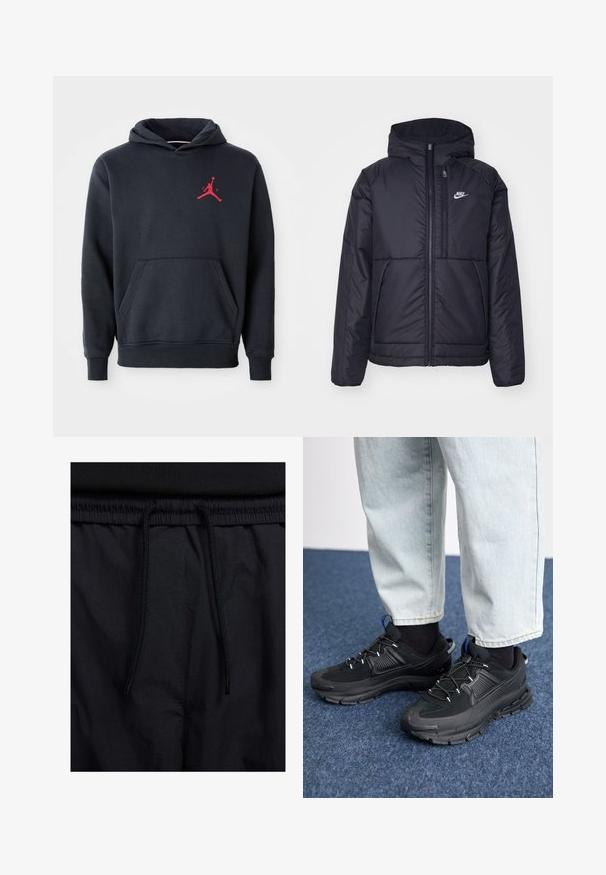 Čierna, polstrovaná bunda Nike so zipsom vpredu a kapucňou. Na ľavej strane hrude sa nachádza biele logo a sú tu dva predné vrecká. Hladký vonkajší povrch.; Námořnická modrá mikina vyrobená z měkkého materiálu, s klokaní kapsou a červeným logem Jumpman na hrudi. Klasický design s kapucí na stažení.; Čierne šortky s pásom na stiahnutie, z ľahkej látky s hladkou textúrou a jednoduchým dizajnom bez viditeľných log alebo vzorov.; Čierne športové topánky s textúrovanou tkaninou a gumovou podrážkou, so elastickými šnúrkami a modrým akcentom na päte. Nosia sa s svetlými riflami.