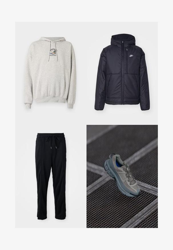 Melna, pufota Nike jaka ar priekšējo rāvējslēdzēju un kapuci. Iezīmēta ar baltu logotipu uz kreisās krūtis un divām priekšējām kabatām. Gluda ārējā tekstūra.; Gaišs pelēks krekls ar kapuci, kas izgatavots no kokvilnas maisījuma, ar priekšējo kangarū pielikumu, ribotām piedurknēm un apakšu, kā arī izšūtu logo uz krūtīm.; Melnas bikses ar aukliņu jostas vietā, ar sānu kabatām un taisnu kāju griezumu uz vienkrāsaina fona.; Bežīgas un pelēkas sporta kurpes ar teksturētu sieta augšdaļu, noapaļotu purngalu un gumijas zoli, satur šņores un mīkstinātu apkakli.