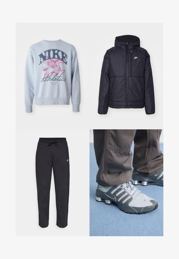 Casaco Nike preto, acolchoado, com fecho à frente e capuz. Apresenta um logo branco no lado esquerdo do peito e dois bolsos frontais. Textura exterior lisa.; Sweatshirt azul-claro com um grande gráfico de um cavalo alado rosa e o texto "NIKE" em preto. Tecido suave com decote redondo e punhos em ribana.; Calças de treino pretas feitas de tecido suave, com faixa elástica na cintura, cordão regulador e um pequeno logótipo da Nike na coxa esquerda.; Ténis Nike Shox cinza e prata apresentam um design elegante, com materiais em malha e sintéticos, ponta arredondada e colarinho acolchoado.