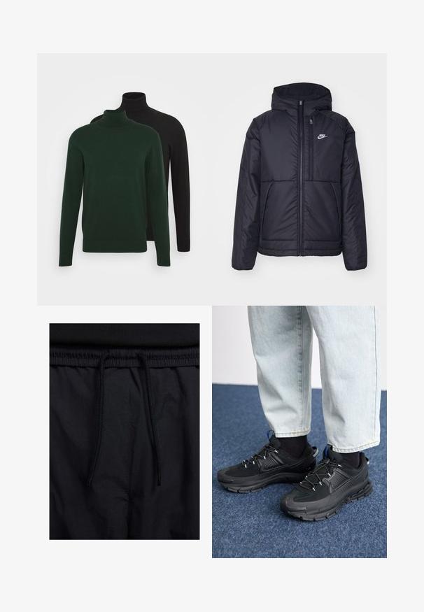Crna Nike jakna s podstavom, dugmadi sprijeda i kapuljačom. Ima bijeli logotip na lijevoj strani prsnog koša i dva prednja džepa. Glatka vanjska tekstura.; Dva pulover s visokim ovratnikom, jedan tamno zeleni i jedan crni, napravljeni od glatkog materijala, s dugim rukavima i rebrastim manžetama.; Crne kratke hlače s pojasom na vezanje, lagani materijal s glatkom teksturom i jednostavan dizajn bez vidljivih logotipa ili uzoraka.; Crne atletske cipele s teksturiranom tkaninom i gumene potplate, s elastičnim vezicama i plavim akcentom na peti. Nosene su s svijetlim trapericama.
