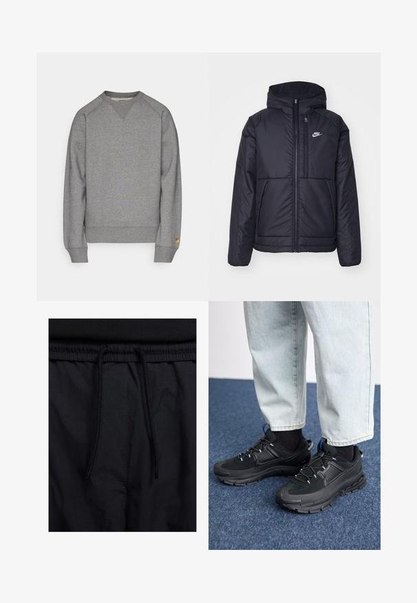 Giacca Nike nera, imbottita, con zip frontale e cappuccio. Presenta un logo bianco sul lato sinistro del petto e doppie tasche frontali. Texture esterna liscia.; Carhartt WIP CHASE - Felpa - dark grey heather/gold; Shorts neri con vita regolabile tramite coulisse, tessuto leggero con una texture liscia e un design semplice senza loghi o motivi visibili.; Scarpe sportive nere con tessuto testurizzato e suole in gomma, dotate di lacci elastici e un accento blu sul tallone. Indossate con pantaloni in denim chiaro.