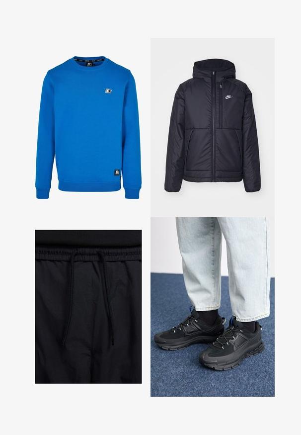 Must musta Nike jope, millel on ees lukuga avamine ja kapuuts. Vasakpoolne rind on kaunistatud valge logoga ning ees on kaks taskut. Sile välimine tekstuur.; Sinine pusa ümmarguse kaelusega, valminud puuvilla segust, millel on soonikkoes varrukad ja äär. Ees on väike mustvalge logo.; Mustad lühikesed püksid, millel on paelaga vöökoht, kerge kangas, mis on sileda tekstuuriga ning lihtne disain ilma nähtavate logode või mustriteta.; Mustad mustad jooksukingad, millel on tekstureeritud kangas ja kummist tallad, elastsed nöörid ning sinine aksent kandadel. Kandmine heledate teksadega.