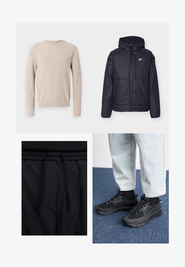 Svart, polstret Nike-jakke med frontglidelås og hette. Har en hvit logo på venstre bryst og doble frontlommer. Glatt ytterside.; Beige strikket genser med lange ermer, rund hals og teksturert ribbestrikk mønster. Materialet virker mykt og lett.; Sorte shorts med snor i livet, lett stoff med en jevn tekstur, og et enkelt design uten synlige logoer eller mønstre.; Svarte sportssko med teksturert stoff og gummisåler, med elastiske lisser og en blå detalj på hælen. Brukt med lyse denimbukser.