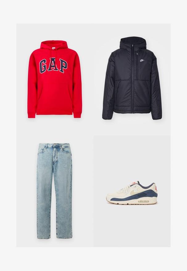 Casaco Nike preto, acolchoado, com fecho à frente e capuz. Apresenta um logo branco no lado esquerdo do peito e dois bolsos frontais. Textura exterior lisa.; Sweatshirt vermelho feito de algodão, com um bolso frontal, capuz com cordão e o logotipo "GAP" em azul marinho no peito.; Jeans de ganga de perna reta em azul claro com fecho de botão e zip, bolsos frontais e detalhes ligeiramente desbotados.; Tênis com parte superior em couro creme e camurça azul-marinho, apresentando uma sola de ar visível, solado em borracha bege e um detalhe vermelho no calcanhar.