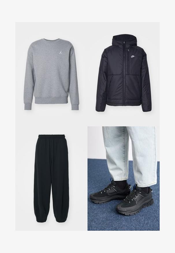 Casaco Nike preto, acolchoado, com fecho à frente e capuz. Apresenta um logo branco no lado esquerdo do peito e dois bolsos frontais. Textura exterior lisa.; Sweatshirt de algodão cinza com decote redondo, mangas longas e punhos canelados. Apresenta um logotipo bordado em branco no lado esquerdo do peito.; Calças de fato de treino pretas, com cintura elástica e um corte solto, com punhos nas pernas, textura suave e sem padrões visíveis ou detalhes de metal.; Sapatilhas desportivas pretas com tecido texturizado e solas em borracha, apresentando atacadores elásticos e um detalhe azul no calcanhar. Usadas com calças de ganga claras.