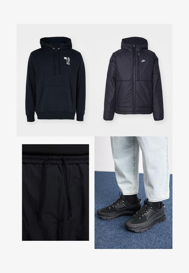 Sort, polstret Nike-jakke med frontlynlås og hætte. Har et hvidt logo på venstre bryst og to frontlommer. Glat ydre tekstur.; Sort hættebluse lavet af bomuldsblandingsstof, med en frontlomme, snoretræk i hætten og hvid grafisk design på brystet.; Sorte shorts med snoretræk i taljen, letvægtsstof med en glat tekstur og et simpelt design uden synlige logoer eller mønstre.; Sorte træningssko med tekstureret stof og gummisåler, udstyret med elastiske snørebånd og en blå detalje på hælen. Bæres med lyse denimbukser.
