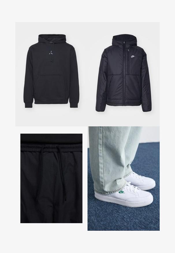 Czarna, pikowana kurtka Nike z przednim zamkiem błyskawicznym i kapturem. Posiada białe logo po lewej stronie klatki piersiowej oraz podwójne kieszenie z przodu. Gładka struktura zewnętrzna.; Czarna bluza z kapturem z mieszanki bawełny. Posiada kieszeń kangurzą, ściągacze przy mankietach oraz małe białe logo na klatce piersiowej.; Czarne szorty z elastycznym paskiem na sznurku, lekkiego materiału o gładkiej fakturze oraz prostym wzornictwie bez widocznych logo czy wzorów.; Białe skórzane sneakersy z zielonym logo Nike, okrągły czubek, płaska podeszwa, zestawione z jasnoniebieskimi dżinsami, pokazane na niebieskim dywanie.