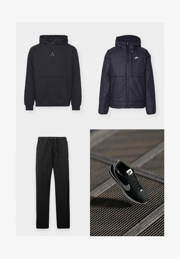 Jachetă Nike neagră, căptușită, cu fermoar pe față și glugă. Prezintă un logo alb pe pieptul stâng și două buzunare frontale. Textură exterioară netedă.; Hanorac cu glugă de culoare neagră, realizat dintr-un amestec de bumbac. Are un buzunar tip kangur, manșete cu tiv elastic și un mic logo alb pe piept.; Pantaloni de trening negri din fleece, cu talie elastică și șnururi, două buzunare frontale și un logo mic pe coapsă.; Pantofii sport Nike negri cu accente gri, din piele întoarsă și material textil, talpă texturată, formă îngustă și design clasic cu șireturi.