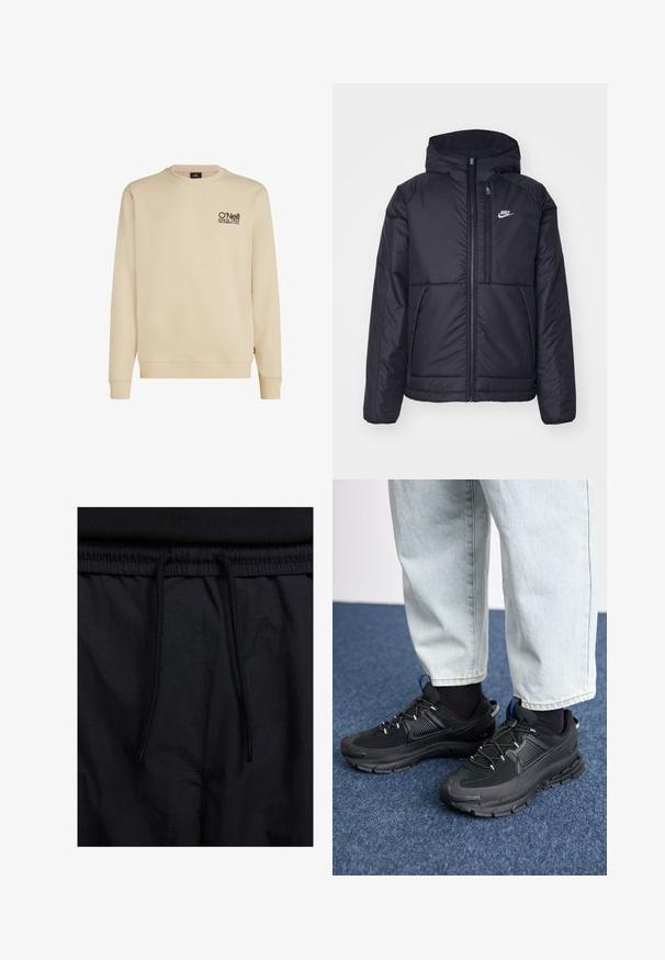 Črna, podložena Nike jakna z sprednjim zadrgo in kapuco. Ima bel logo na levem prsnem delu in dvojna sprednja žepa. Gladka zunanja tekstura.; Bež majica s kružnim izrezom napravljena od mješavine pamuka, s malim crnim logotipom na prsima. Rebrasti manžetni i donji rub zaokružuju dizajn.; Črne kratke hlače z vrvico v pasu, lahkotna tkanina z gladko teksturo in preprosto zasnovo brez vidnih logotipov ali vzorcev.; Črne športne čevlje z teksturirano tkanino in gumijastimi podplati, ki imajo elastične vezalke ter modre poudarke na peti. Nosi se z lahkimi denim hlačami.