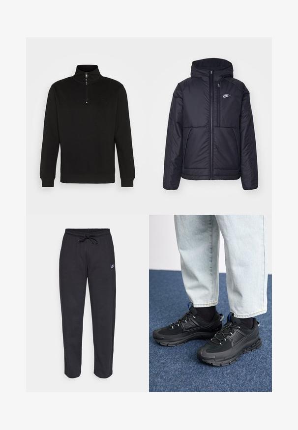 Veste Nike noire rembourrée avec une fermeture éclair sur le devant et une capuche. Elle présente un logo blanc sur la poitrine gauche et deux poches avant. Texture extérieure lisse.; Sweatshirt noir à col zippé, avec un col haut, des poignets côtelés et un logo discret, fabriqué à partir d'un tissu doux et texturé.; Pantalons de survêtement noirs en tissu doux, avec une taille élastique, un cordon de serrage et un petit logo Nike sur la cuisse gauche.; Des chaussures de sport noires avec un tissu texturé et des semelles en caoutchouc, dotées de lacets élastiques et d'un accent bleu au talon. Portées avec un pantalon en denim clair.