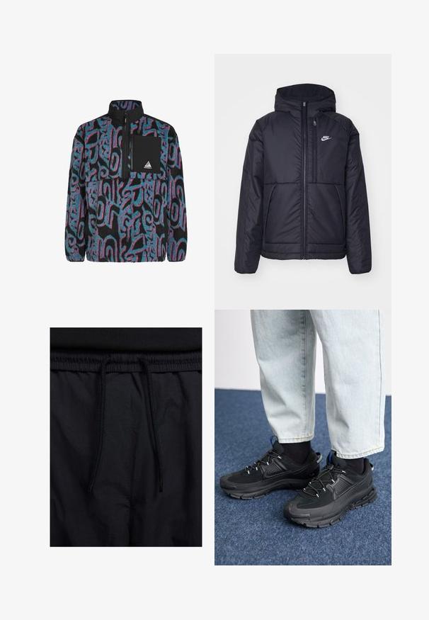 Zwarte, gewatteerde Nike-jas met een voorkant met ritssluiting en capuchon. Kenmerkt zich door een wit logo op de linkerborst en dubbele frontzakken. Gladde buitenkant.; Fleece pullover in het zwart, met draaipatronen in turquoise en roze. Inclusief een rits borstzak en hoge kraag.; Zwarte shorts met een drawstring tailleband, lichtgewicht stof met een zachte textuur en een eenvoudig ontwerp zonder zichtbare logo's of patronen.; Zwarte sportschoenen met gestructureerde stof en rubberen zolen, met elastische veters en een blauwe accent op de hiel. Draag samen met lichte spijkerbroeken.