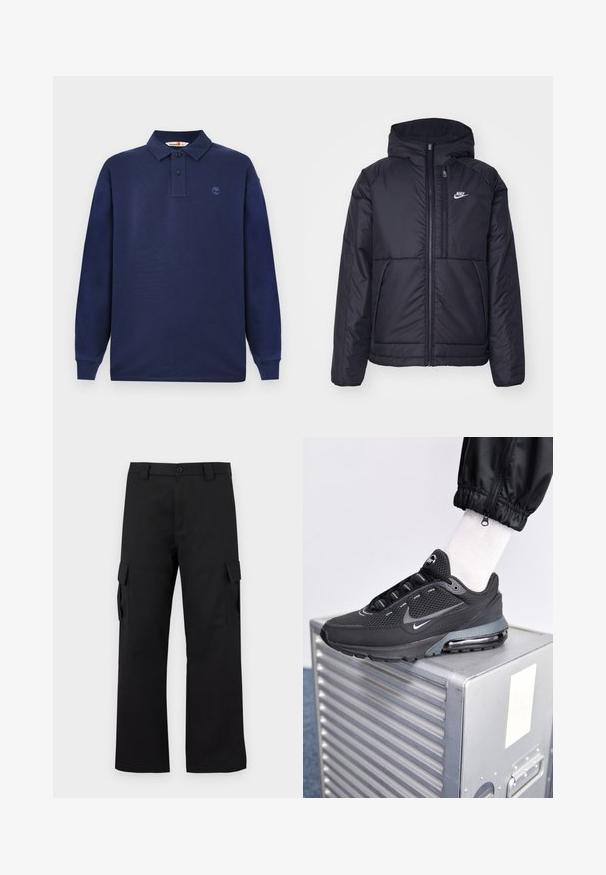 Giacca Nike nera, imbottita, con zip frontale e cappuccio. Presenta un logo bianco sul lato sinistro del petto e doppie tasche frontali. Texture esterna liscia.; Polo a maniche lunghe blu navy in cotone, con un colletto a tre bottoni e un piccolo logo sul lato sinistro del petto. Tessuto liscio.; Pantaloni cargo neri con design a gamba dritta. Realizzati in tessuto resistente, dotati di due tasche laterali con chiusura a pattina e chiusura con bottone.; Nike Sportswear PULSE - Sneakers basse - black/anthracite