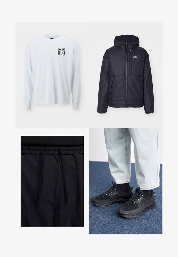 Črna, podložena Nike jakna z sprednjim zadrgo in kapuco. Ima bel logo na levem prsnem delu in dvojna sprednja žepa. Gladka zunanja tekstura.; Bela majica z dolgimi rokavi iz bombaža, ki ima majhen črn logotip "OBEY" na levem delu prsi. Klasičen kroj s krožnim vratnim izrezom in ravnim rezom.; Črne kratke hlače z vrvico v pasu, lahkotna tkanina z gladko teksturo in preprosto zasnovo brez vidnih logotipov ali vzorcev.; Črne športne čevlje z teksturirano tkanino in gumijastimi podplati, ki imajo elastične vezalke ter modre poudarke na peti. Nosi se z lahkimi denim hlačami.