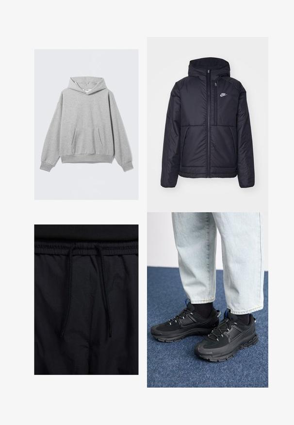 Zwarte, gewatteerde Nike-jas met een voorkant met ritssluiting en capuchon. Kenmerkt zich door een wit logo op de linkerborst en dubbele frontzakken. Gladde buitenkant.; Lichtgrijze hoodie met lange mouwen, voorzak met kangoeroe-style, ribgebreide manchetten en zoom, plat gelegd op een lichte achtergrond.; Zwarte shorts met een drawstring tailleband, lichtgewicht stof met een zachte textuur en een eenvoudig ontwerp zonder zichtbare logo's of patronen.; Zwarte sportschoenen met gestructureerde stof en rubberen zolen, met elastische veters en een blauwe accent op de hiel. Draag samen met lichte spijkerbroeken.