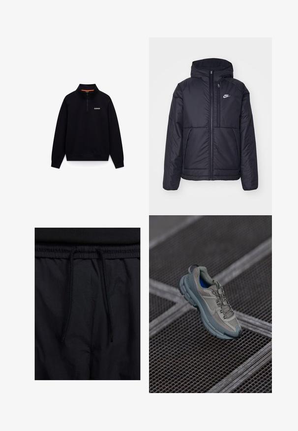 Crna Nike jakna s podstavom, dugmadi sprijeda i kapuljačom. Ima bijeli logotip na lijevoj strani prsnog koša i dva prednja džepa. Glatka vanjska tekstura.; Crni pulover s visokom ovratnikom i dizajnom sa polu-zipom. Ima narančaste naglaske unutar ovratnika i mali logotip na prsima.; Crne kratke hlače s pojasom na vezanje, lagani materijal s glatkom teksturom i jednostavan dizajn bez vidljivih logotipa ili uzoraka.; Bež i sivi sportski tenisice s teksturiranim mrežastim gornjim dijelom, zaobljenim vrhom i gumenom potplatom, s vezicama i podstavljenim ovratnikom.