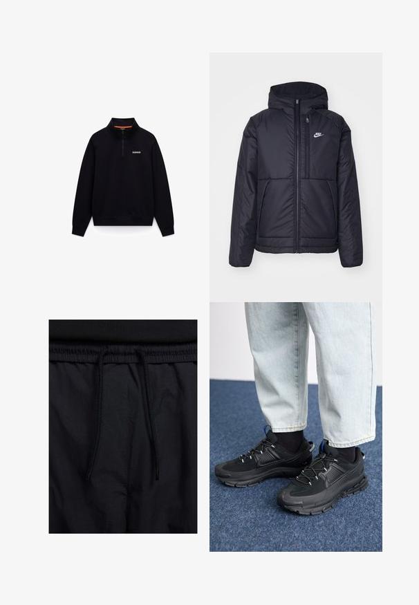 Svart, polstret Nike-jakke med frontglidelås og hette. Har en hvit logo på venstre bryst og doble frontlommer. Glatt ytterside.; Svart genser med høy hals og halv-glidelåsdesign. Har oransje aksent inni kragen og en liten logo på brystet.; Sorte shorts med snor i livet, lett stoff med en jevn tekstur, og et enkelt design uten synlige logoer eller mønstre.; Svarte sportssko med teksturert stoff og gummisåler, med elastiske lisser og en blå detalj på hælen. Brukt med lyse denimbukser.
