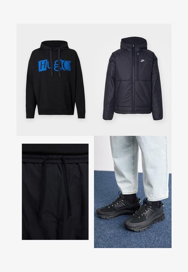 Black, padded Nike jacket with a front zipper and hood. Features a white logo on the left chest and dual front pockets. Smooth exterior texture.; Black hooded sweatshirt featuring a large blue "Hugo" graphic on the front, with a front pocket and drawstring hood. Classic design.; Black shorts featuring a drawstring waistband, lightweight fabric with a smooth texture, and a simple design without visible logos or patterns.; Black athletic shoes with textured fabric and rubber soles, featuring elastic laces and a blue accent on the heel. Worn with light denim pants.