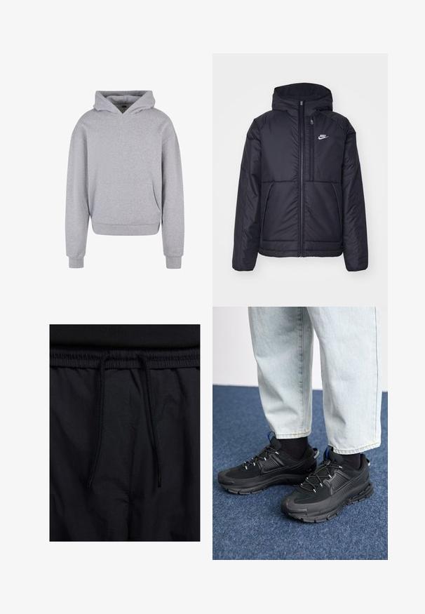 Crna Nike jakna s podstavom, dugmadi sprijeda i kapuljačom. Ima bijeli logotip na lijevoj strani prsnog koša i dva prednja džepa. Glatka vanjska tekstura.; Sivi pamučni dukserica s prednjim džepom, kapuljačom na vezanje te rebrastim manžetama i rubom. Ima mekan, teksturiran završetak.; Crne kratke hlače s pojasom na vezanje, lagani materijal s glatkom teksturom i jednostavan dizajn bez vidljivih logotipa ili uzoraka.; Crne atletske cipele s teksturiranom tkaninom i gumene potplate, s elastičnim vezicama i plavim akcentom na peti. Nosene su s svijetlim trapericama.