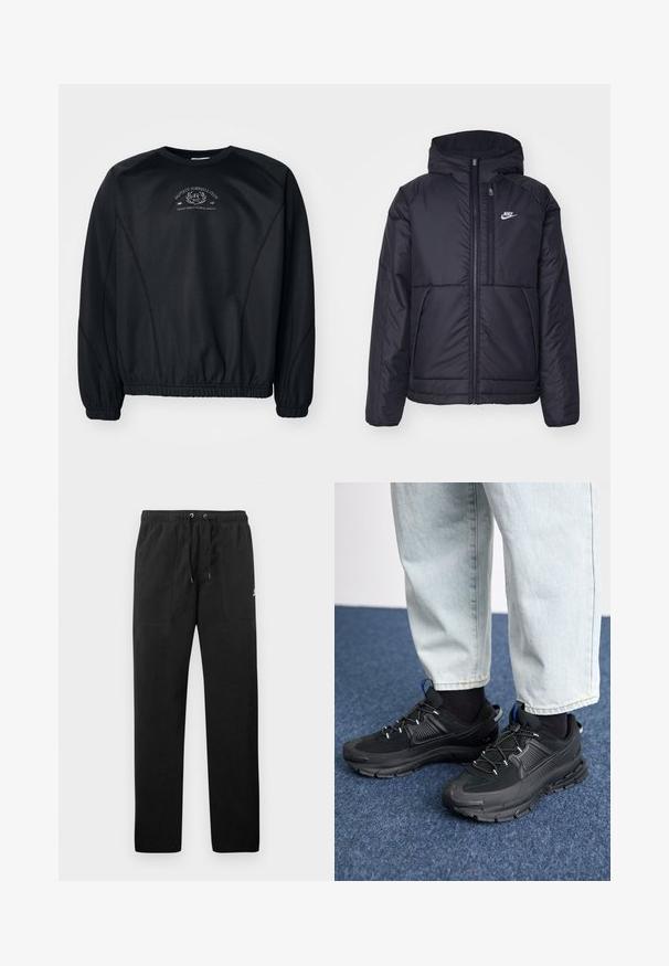 Melna, pufota Nike jaka ar priekšējo rāvējslēdzēju un kapuci. Iezīmēta ar baltu logotipu uz kreisās krūtis un divām priekšējām kabatām. Gluda ārējā tekstūra.; Melns džemperis ar apaļu kaklu, ribotām piedurknēm un apakšmalu. Iezīmējas ar smalku grafisku apdruku uz krūtīm un gludu, nedaudz teksturētu audumu.; Melnas sporta bikses, izgatavotas no flīsa, ar elastīgu jostasviedi un auklām, diviem priekšējiem kabatām un nelielu logo uz augšstilba.; Melni sporta apavi ar strukturētu audumu un gumijas zoli, ar elastīgām auklām un zilu akcentu uz papēža. Nēsāti ar gaišām džinsu biksēm.