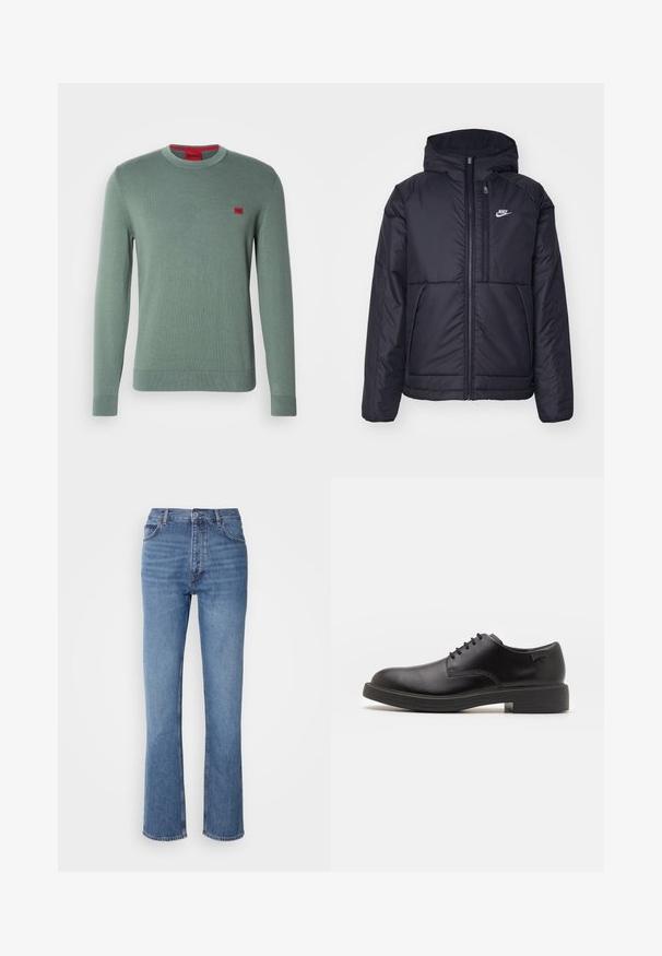 Crna Nike jakna s podstavom, dugmadi sprijeda i kapuljačom. Ima bijeli logotip na lijevoj strani prsnog koša i dva prednja džepa. Glatka vanjska tekstura.; Zeleni pleteni pulover s dugim rukavima, okruglim izrezom i rebrastim manžetama. Na prsima se nalazi mali crveni logotip. Glatka tekstura, minimalistički dizajn.; Plave traperice s visokim strukom, ravnim krojem i suptilnim izbljeđivanjem. Imaju klasičan stil s pet džepova i zatvaranje na patentni zatvarač.; Crne kožne cipele s vezanjem i zaobljenim vrhom, glatke teksture, minimalnim šavovima i niskim gumiranim potplatom. Logo se nalazi na peti.