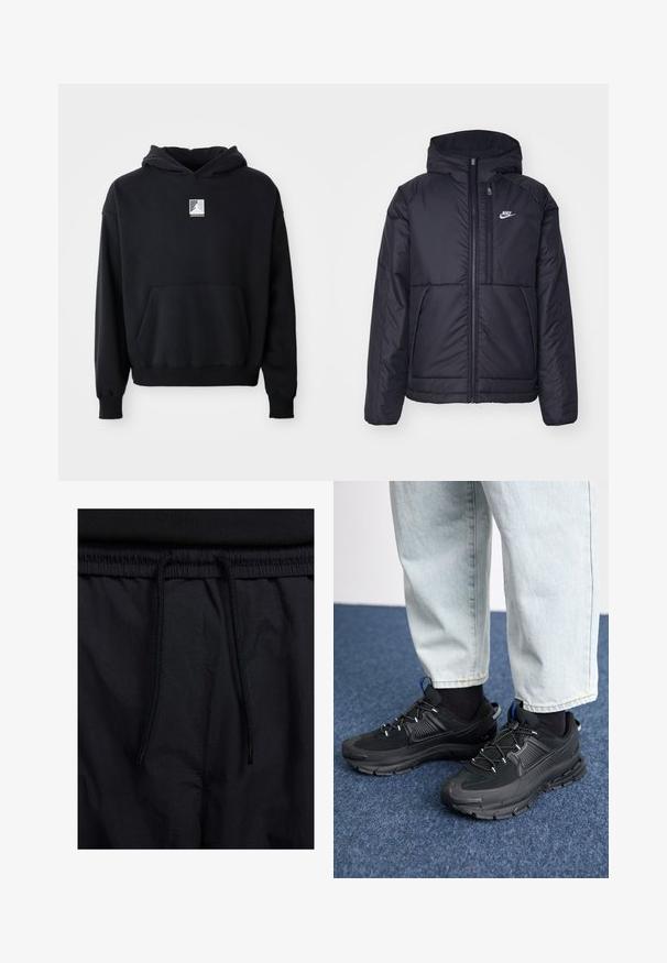 Black, padded Nike jacket with a front zipper and hood. Features a white logo on the left chest and dual front pockets. Smooth exterior texture.; Black hoodie with front pocket and small white Jordan logo centered on the chest, displayed on a plain white background.; Black shorts featuring a drawstring waistband, lightweight fabric with a smooth texture, and a simple design without visible logos or patterns.; Black athletic shoes with textured fabric and rubber soles, featuring elastic laces and a blue accent on the heel. Worn with light denim pants.