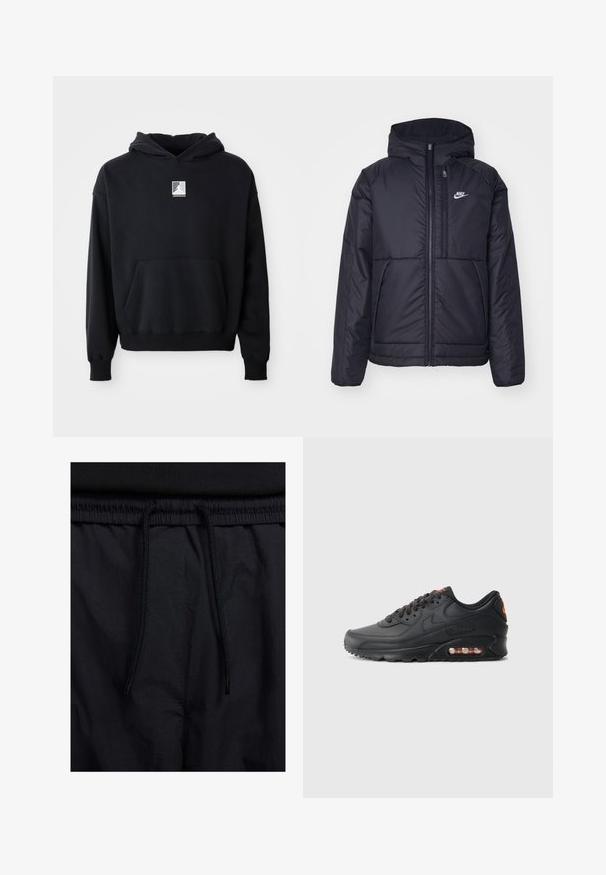 Must musta Nike jope, millel on ees lukuga avamine ja kapuuts. Vasakpoolne rind on kaunistatud valge logoga ning ees on kaks taskut. Sile välimine tekstuur.; Must mustaga, millel on eesmine tasku ja väike valge Jordan logo keskel rinnal, esitatud lihtsal valgel taustal.; Mustad lühikesed püksid, millel on paelaga vöökoht, kerge kangas, mis on sileda tekstuuriga ning lihtne disain ilma nähtavate logode või mustriteta.; Nike Air Max 90 tossud, millel on must sünteetiline ülaosa, tekstureeritud viimistlus, paeltega esiosa, nähtav õhuüksus ja oranž lisamärk.
