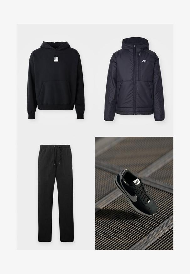 Fekete, párnázott Nike dzseki elülső cipzárral és kapucnival. A bal mellen fehér logó található, valamint két elülső zseb. Simának tűnő külső felület.; Fekete kapucnis pulóver előlzsebbel és a mellkas közepén elhelyezett kis fehér Jordan logóval, egy sima fehér háttéren bemutatva.; Fekete, bolyhos anyagú melegítők, elasztikus derékkal és húzózsinórral, két elülső zsebbel és egy kisméretű logóval a combján.; Fekete Nike sneaker szürke részletekkel, velúr és hálós anyagokból, textúrázott talppal, keskeny formával és klasszikus fűzős kialakítással.