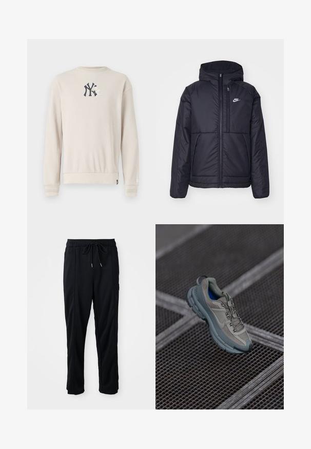 Chaqueta acolchada negra de Nike con cremallera frontal y capucha. Presenta un logo blanco en el lado izquierdo del pecho y dos bolsillos frontales. Textura exterior suave.; Sudadera de punto beige con un logo azul marino en el pecho, cuello redondo y puños acanalados. Textura suave con un diseño de ajuste relajado.; Pantalones casuales negros con cordón en la cintura, con bolsillos laterales y corte de pierna recta sobre un fondo liso.; Zapatilla deportiva en color beige y gris con parte superior de malla texturizada, punta redondeada y suela de goma, que presenta cordones y un collar acolchado.