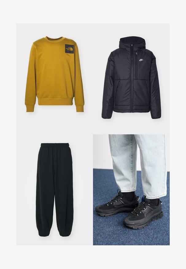 Giacca Nike nera, imbottita, con zip frontale e cappuccio. Presenta un logo bianco sul lato sinistro del petto e doppie tasche frontali. Texture esterna liscia.; The North Face M FINE CREW - Felpa - khaki; Pantaloni da jogging neri con vita elasticizzata, dalla vestibilità morbida, caviglie a costina, texture liscia e senza motivi visibili o dettagli in metallo.; Scarpe sportive nere con tessuto testurizzato e suole in gomma, dotate di lacci elastici e un accento blu sul tallone. Indossate con pantaloni in denim chiaro.