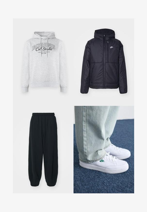 Svart, vadderad Nike-jacka med dragkedja framtill och huva. Har en vit logotyp på vänster bröst och dubbla framfickor. Slät yttextur.; Grå bomullshuvtröja med dragsnodd i huvan, ribbade ärmslut och en framsida med grafik som visar texten "JACK & JONES" och "Col. Studio".; Svarta, elastiska sweatpants med lös passform, mudd vid anklarna, slät textur och utan synliga mönster eller detaljer i metall.; Vita lädersneakers med grön Nike-logga, rund tå, platt sula, kombinerade med ljusblå denimbyxor, visade på en blå matta.